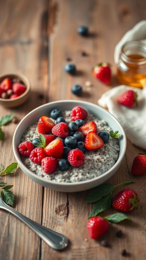 A bowl of chia overnight oats topped with fresh raspberries, strawberries, and blueberries.