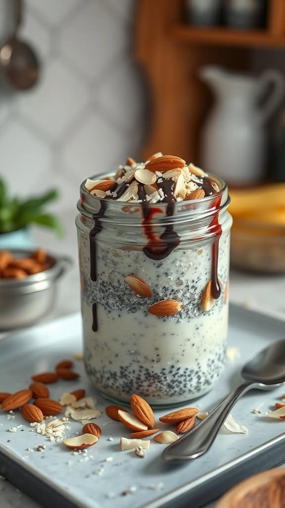 Chia Pudding Overnight Oats with almonds and chocolate drizzle in a glass jar