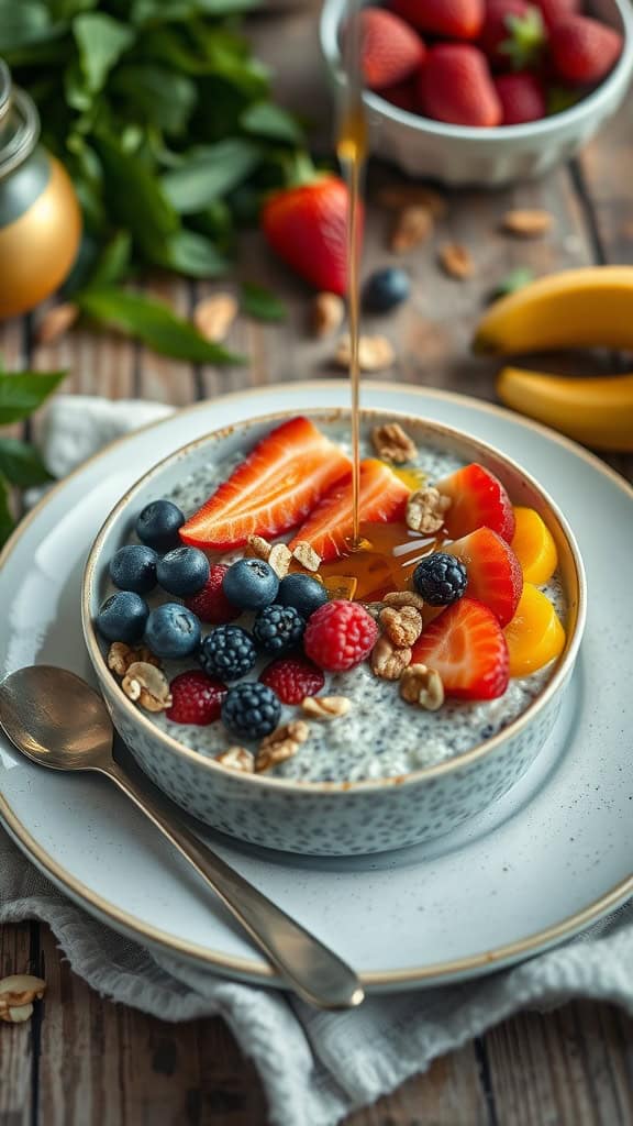 Chia Pudding Overnight Oats Bowl with fresh fruits and granola
