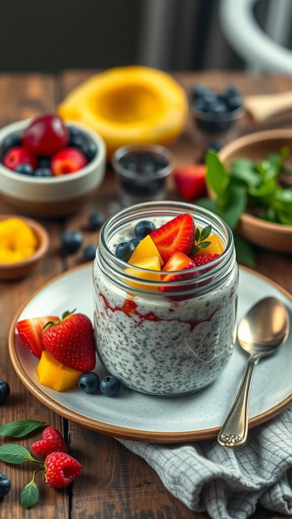A jar of chia seed overnight oats with coconut milk, topped with fresh fruits.