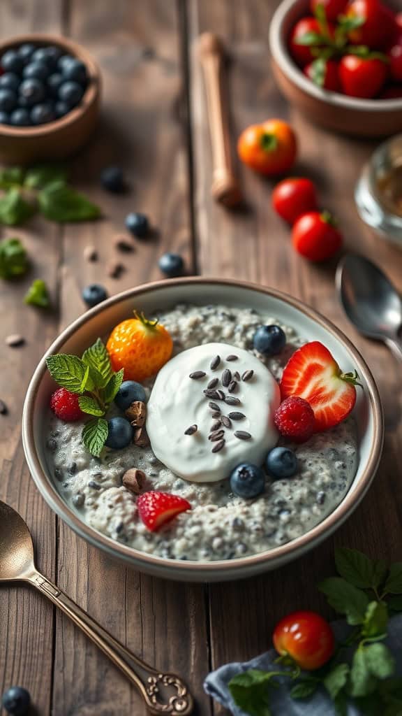 Chia Seed Overnight Oats with Yogurt topped with fresh fruits