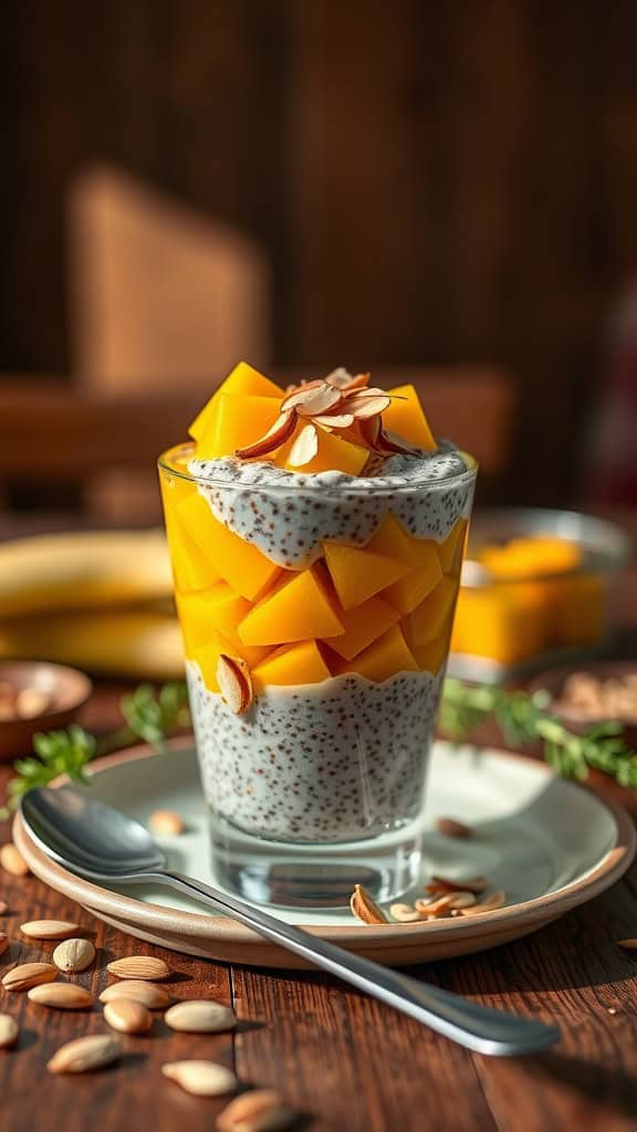Chia seed pudding parfait with mango cubes and almond slivers in a glass.