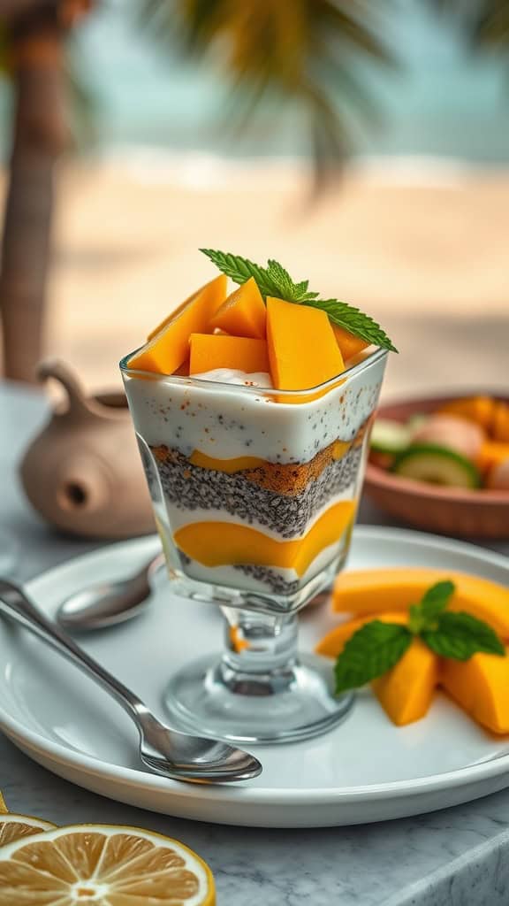 Tropical mango and coconut chia seed parfait in a glass with fresh mango and mint garnish