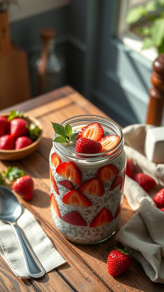A jar of Chia Strawberry Overnight Oats with fresh strawberries on top