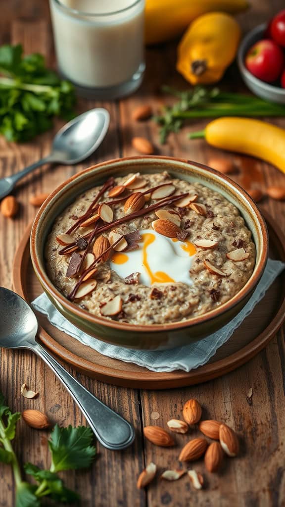 Choco-Almond Butter Overnight Oats with almond milk and toppings.