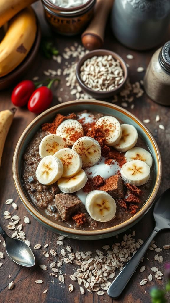 Choco-Banana Overnight Oats made with coconut milk, cocoa powder, and banana slices.