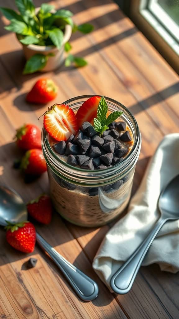Choco-Berry Overnight Oats in a jar topped with strawberries and chocolate chips.