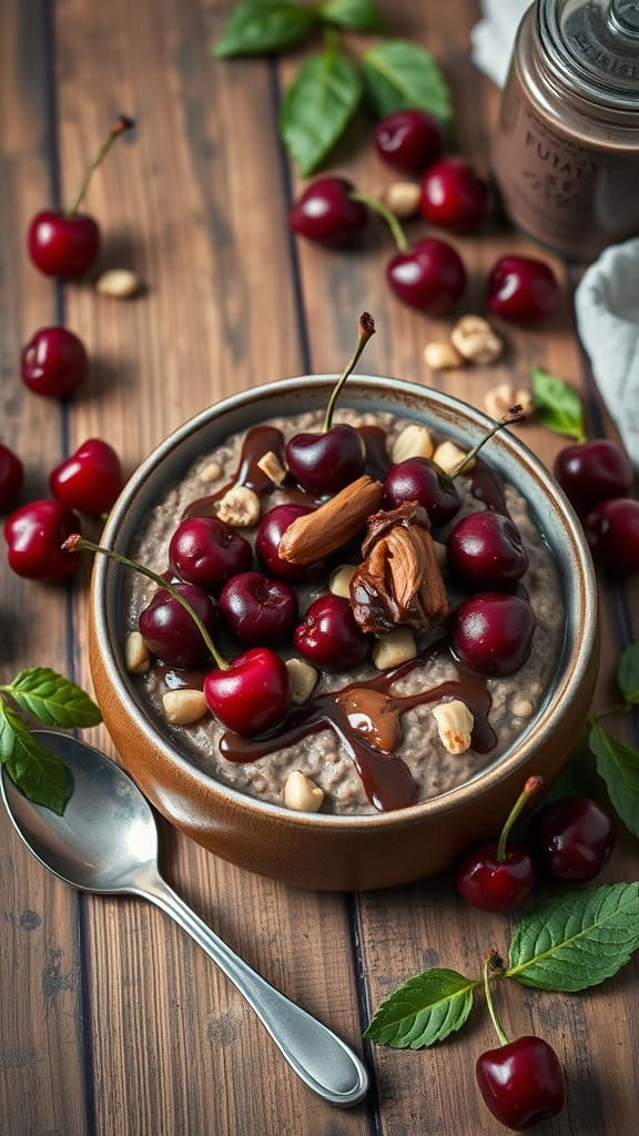 Choco-Cherry Overnight Oats with peanut butter drizzle and fresh cherries