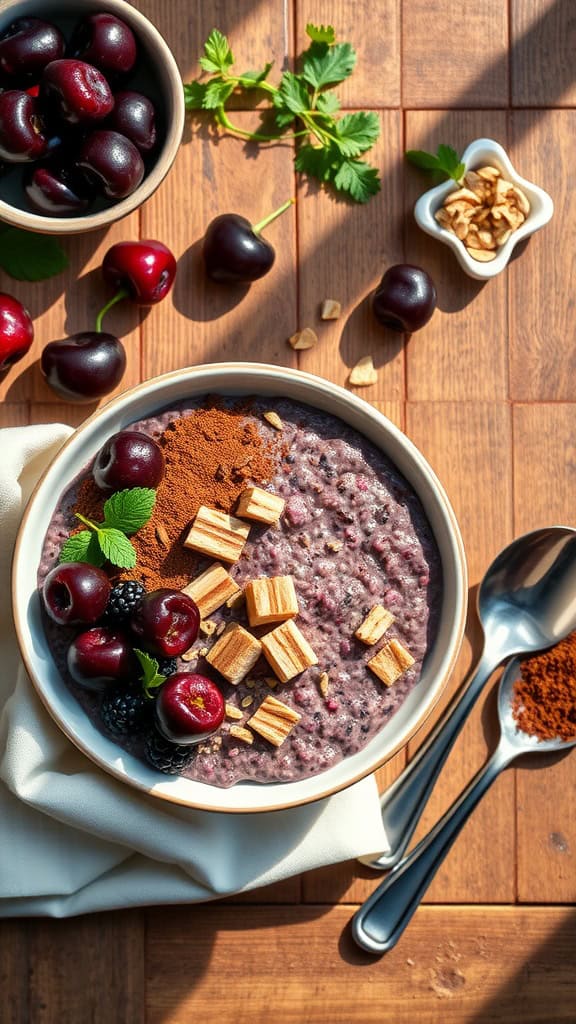 Choco-cherry overnight oats featuring dark cherries and cocoa.