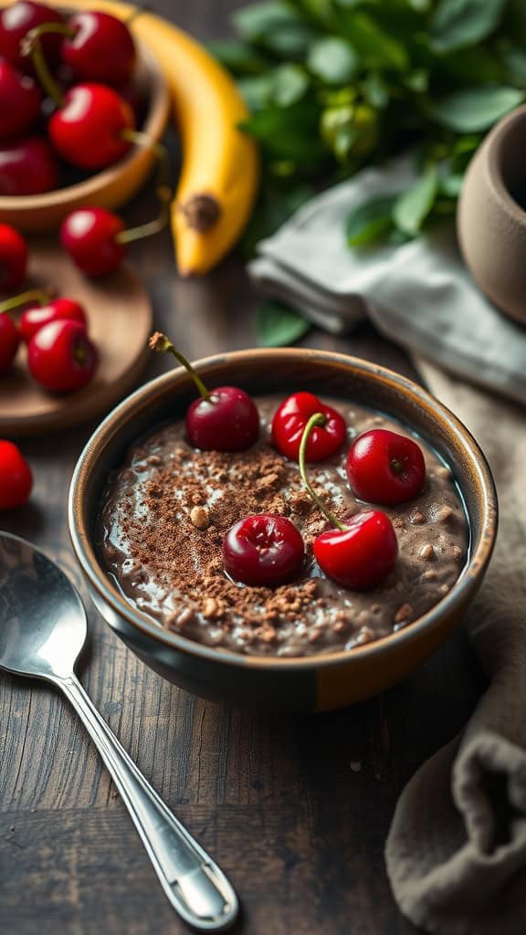 Bowl of chocolate overnight oats topped with cherry halves, suggesting a healthy breakfast option.
