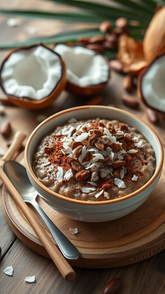 Choco-coconut overnight oats bowl with toppings.