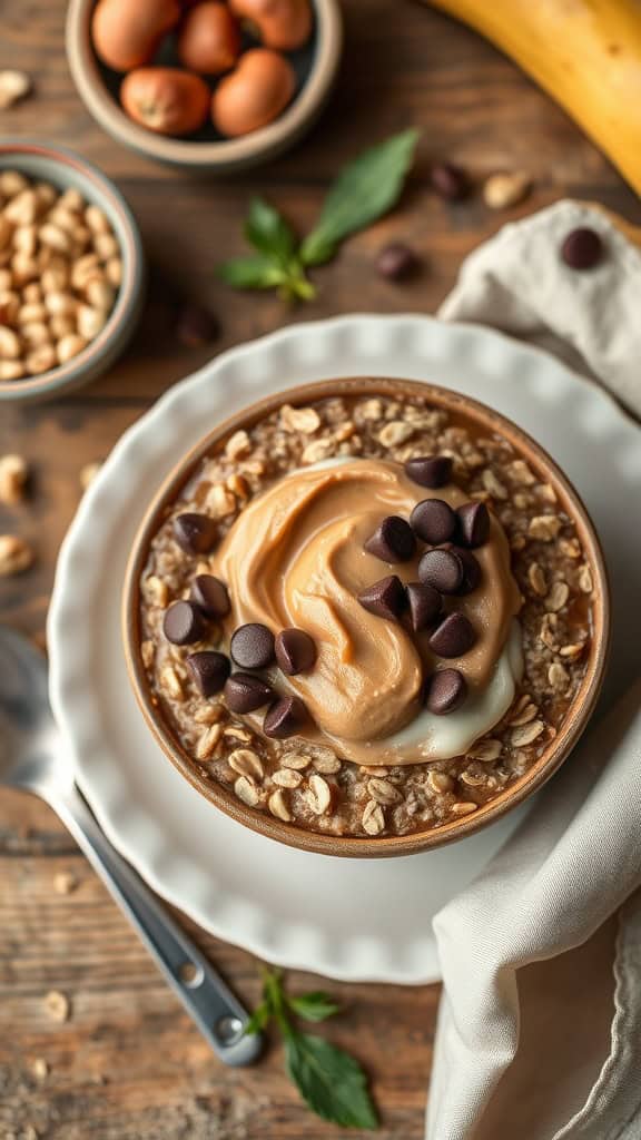 Choco-Hazelnut Overnight Oats Cookie Dough in a bowl topped with hazelnut spread and chocolate chips