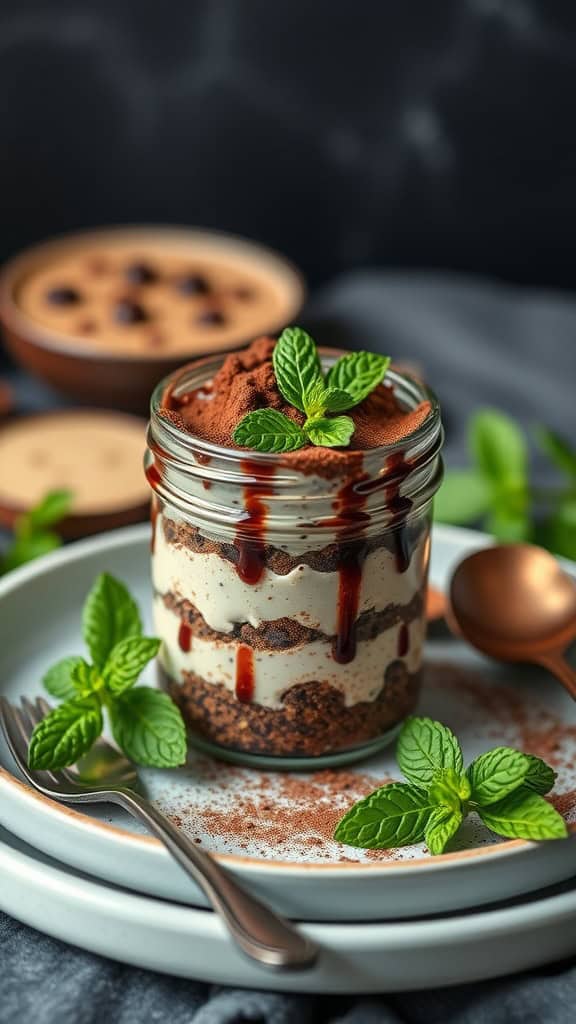 A delicious jar of Choco-Mint Overnight Oats Cheesecake with layers of oats and cream cheese, garnished with mint.