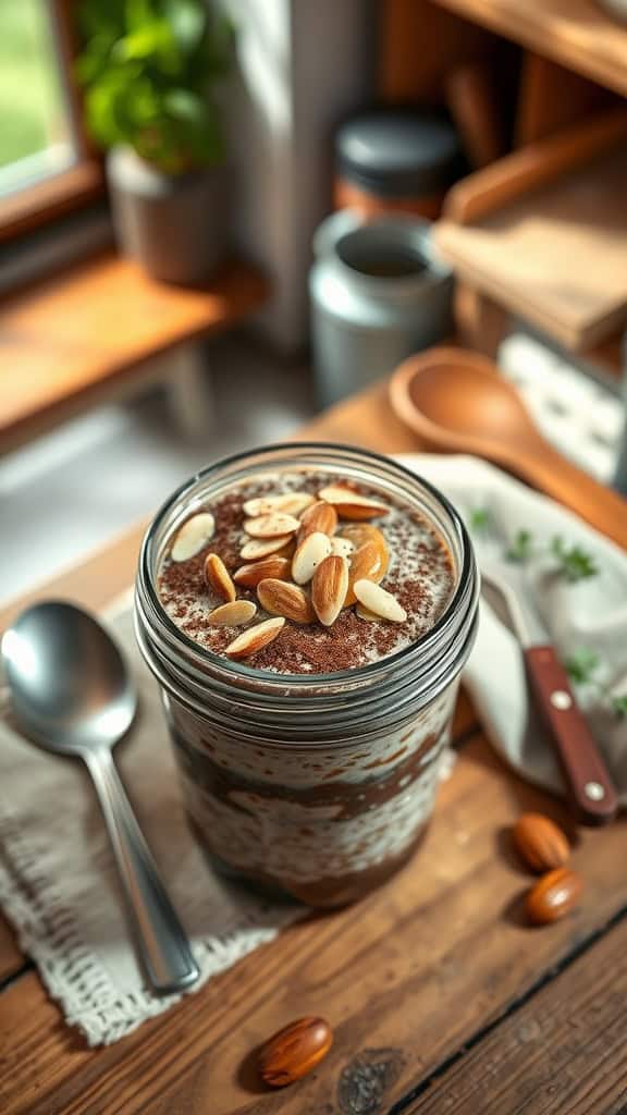 A jar of chocolate almond overnight oats topped with almonds on a wooden table.