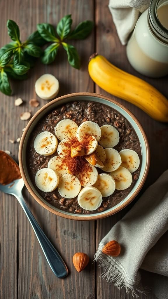 A bowl of chocolate banana overnight oats topped with banana slices and almond butter.