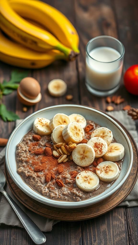 A bowl of chocolate banana overnight oats topped with banana slices and nuts, accompanied by almond milk.