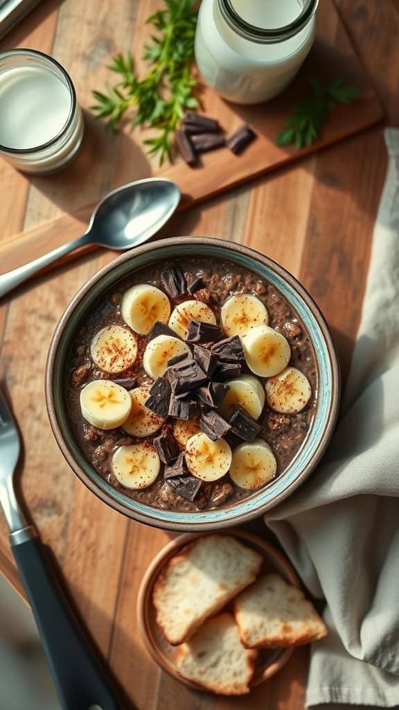 Bowl of chocolate banana overnight oats topped with banana slices and chocolate chunks.