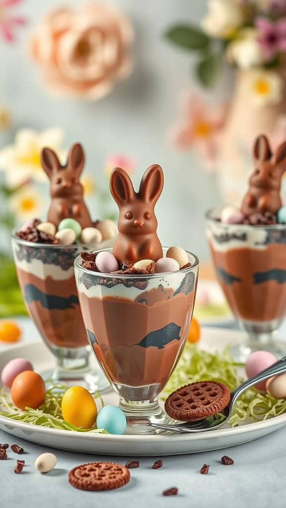 Chocolate bunny parfaits with layers of chocolate pudding and crushed cookies, topped with bunny figurines and colorful candy eggs