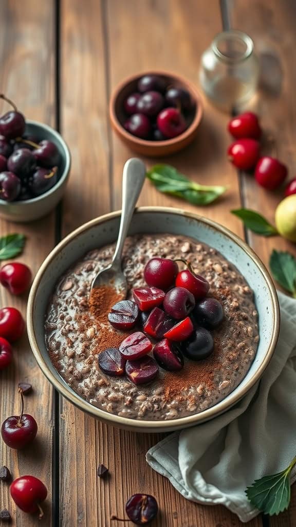 A bowl of chocolate cherry overnight oats topped with fresh cherries.