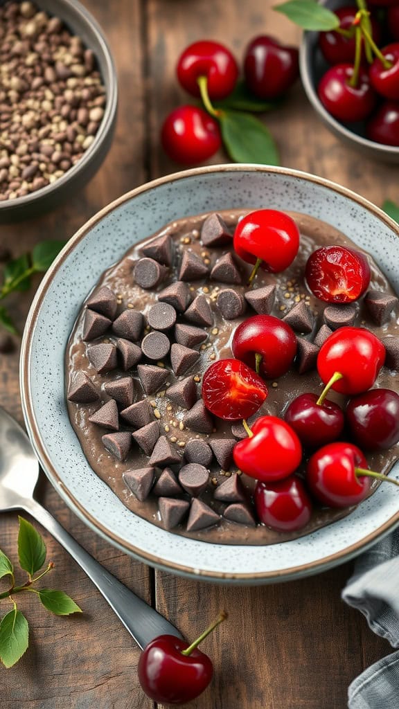 A bowl of chocolate cherry overnight oats topped with fresh cherries and chocolate chips.