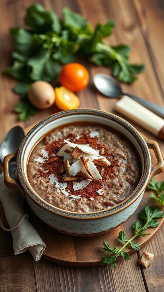 A bowl of chocolate coconut overnight oats topped with shredded coconut and cocoa powder, with ingredients around.