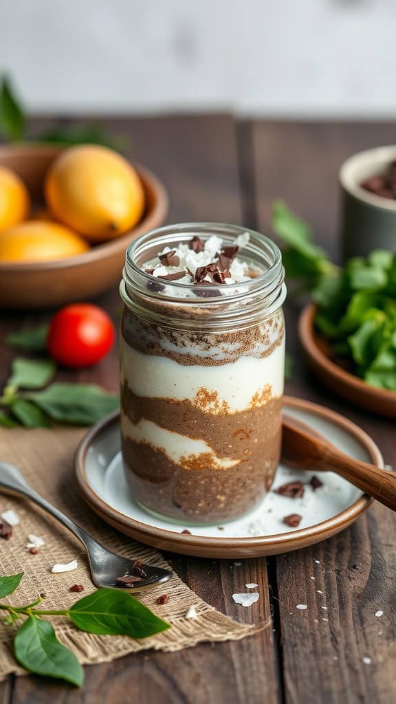 A jar of chocolate coconut overnight oats with toppings