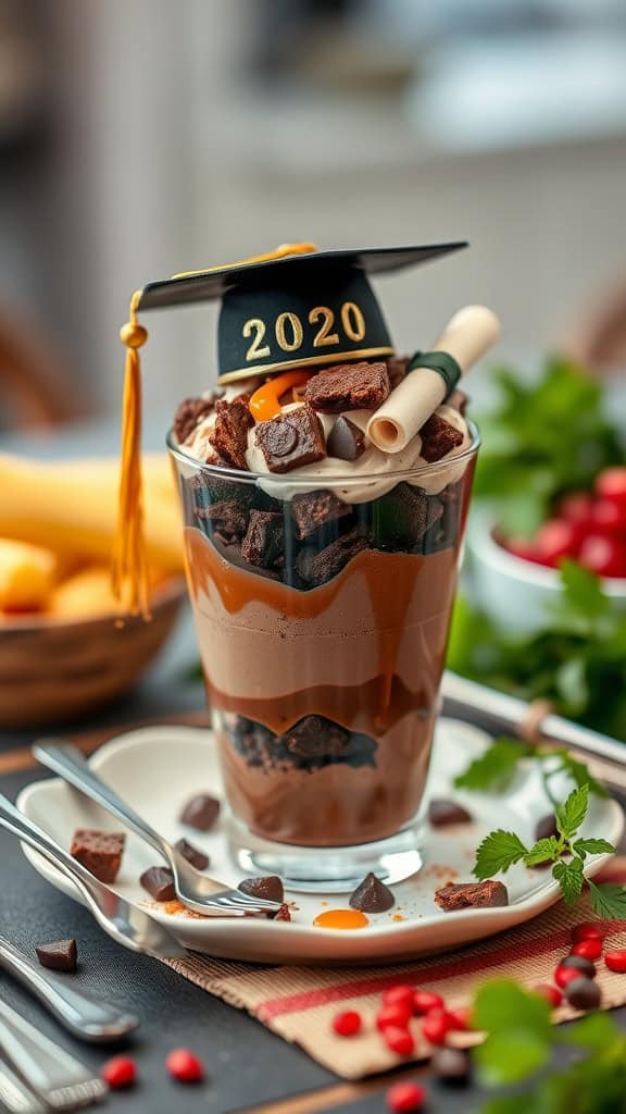 A delicious chocolate parfait layered with mousse, brownie chunks, and caramel sauce, topped with whipped cream.