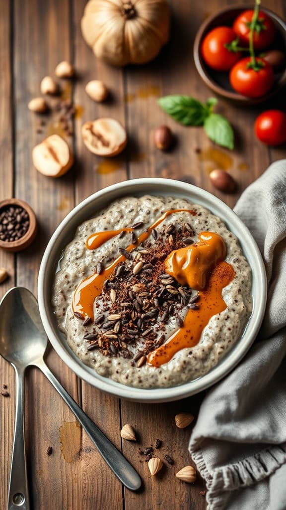 A bowl of chocolate hazelnut overnight oats topped with hazelnut butter and seeds
