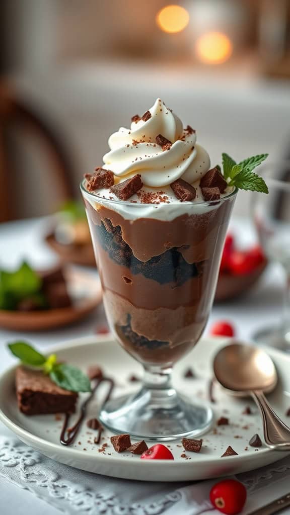 Chocolate Lovers' Anniversary Parfait with brownie chunks and whipped cream.
