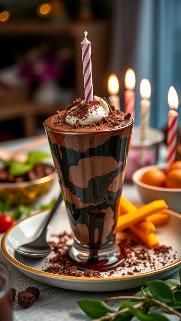 Chocolate Lover's Birthday Cake Parfait with chocolate cake, fudge sauce, and whipped cream