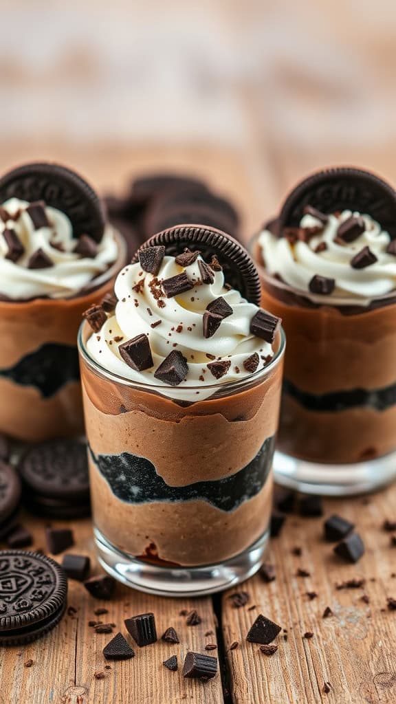 Chocolate Lovers Parfait Bars with layers of chocolate pudding, crushed Oreos, and whipped cream.