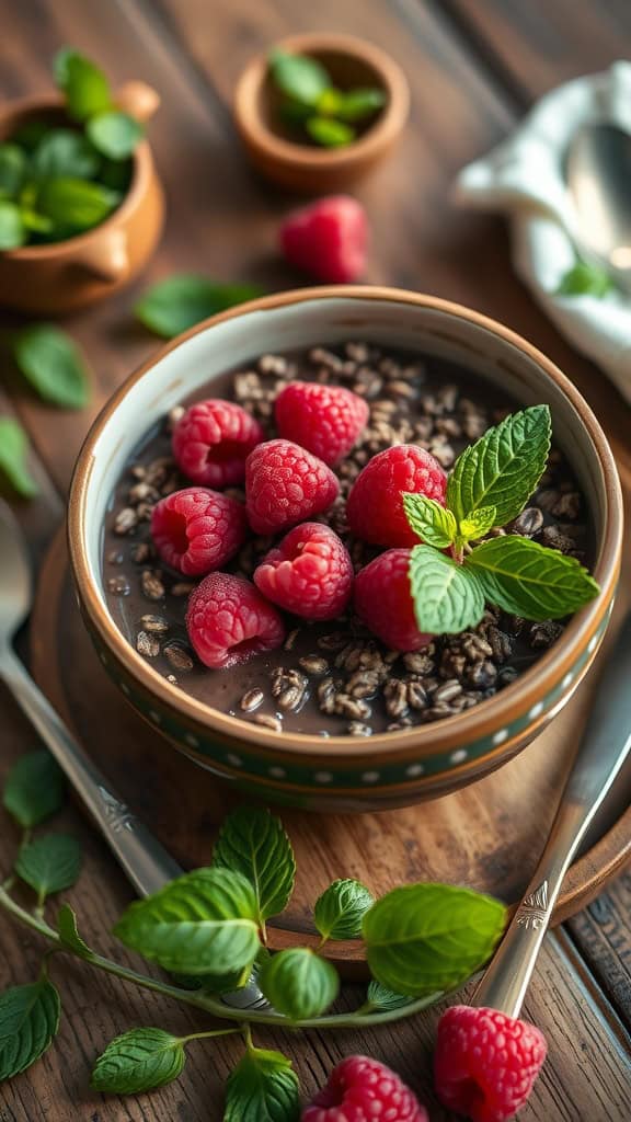A bowl of chocolate overnight oats topped with fresh raspberries and mint leaves.