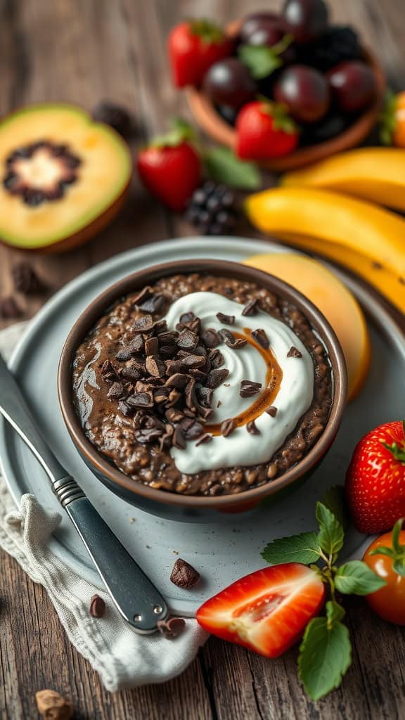 A bowl of chocolate overnight oats topped with yogurt and cacao nibs, surrounded by fresh fruits.