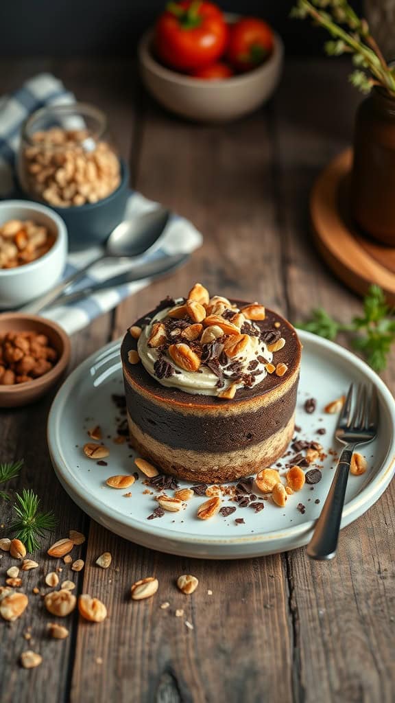 Delicious and creamy chocolate peanut butter overnight oats cheesecake served with toppings