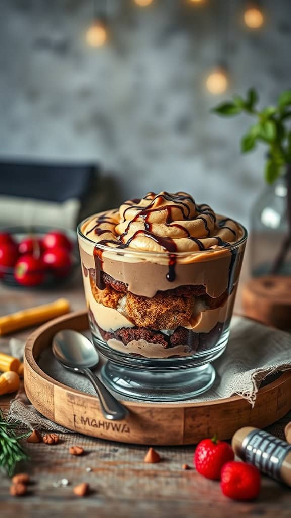 Chocolate peanut butter parfait trifle in a glass bowl with layers of cake, mousse, and chocolate drizzle.