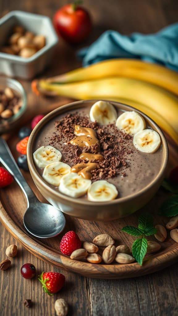 A delicious chocolate peanut butter smoothie bowl topped with banana slices and cacao powder.