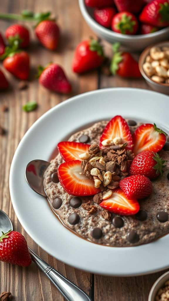 Delicious chocolate strawberry overnight oats topped with fresh strawberries.