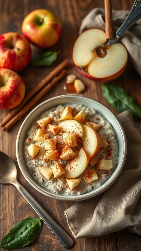 Bowl of Cinnamon Apple Pie Overnight Oats topped with apple chunks and cinnamon.