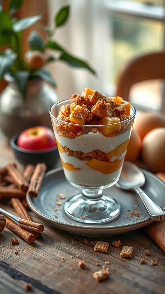 A delicious cinnamon apple pie parfait with layers of yogurt, stewed apples, and graham cracker crumbles.