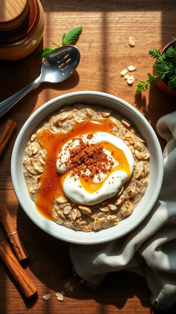 A bowl of cinnamon roll overnight oats topped with yogurt and drizzled with maple syrup, garnished with a sprinkle of cinnamon.