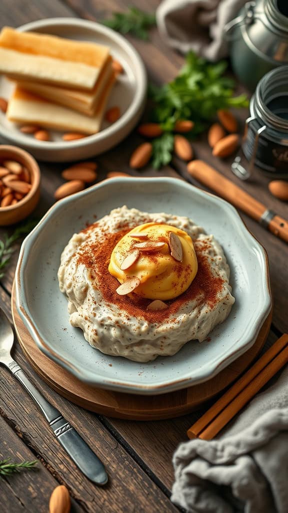 A bowl of cinnamon spice overnight oats topped with almond butter and sliced almonds.
