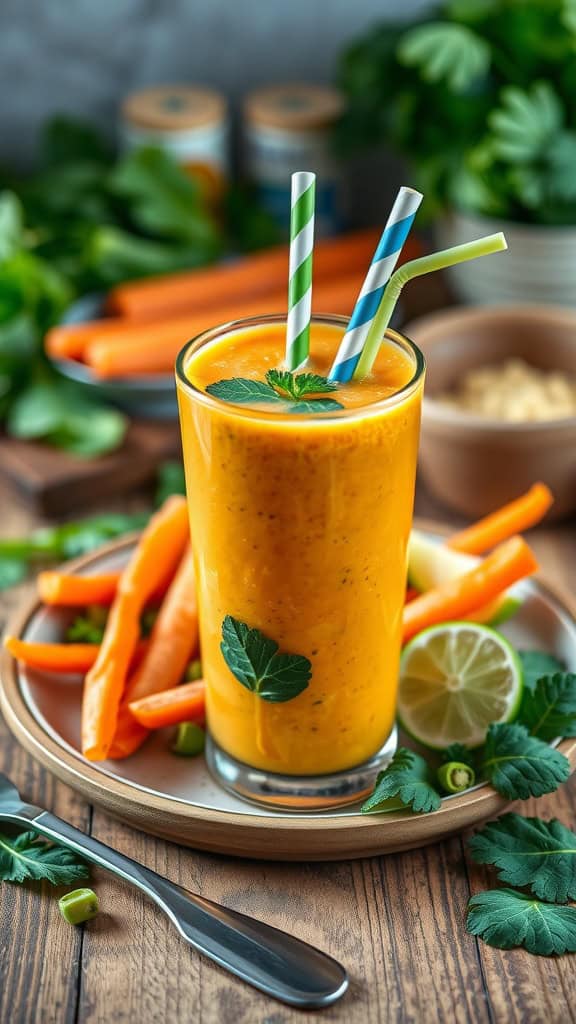 A refreshing Citrus Cooler smoothie made with orange, carrot, spinach, cucumber, and lime, served in a glass with straws.