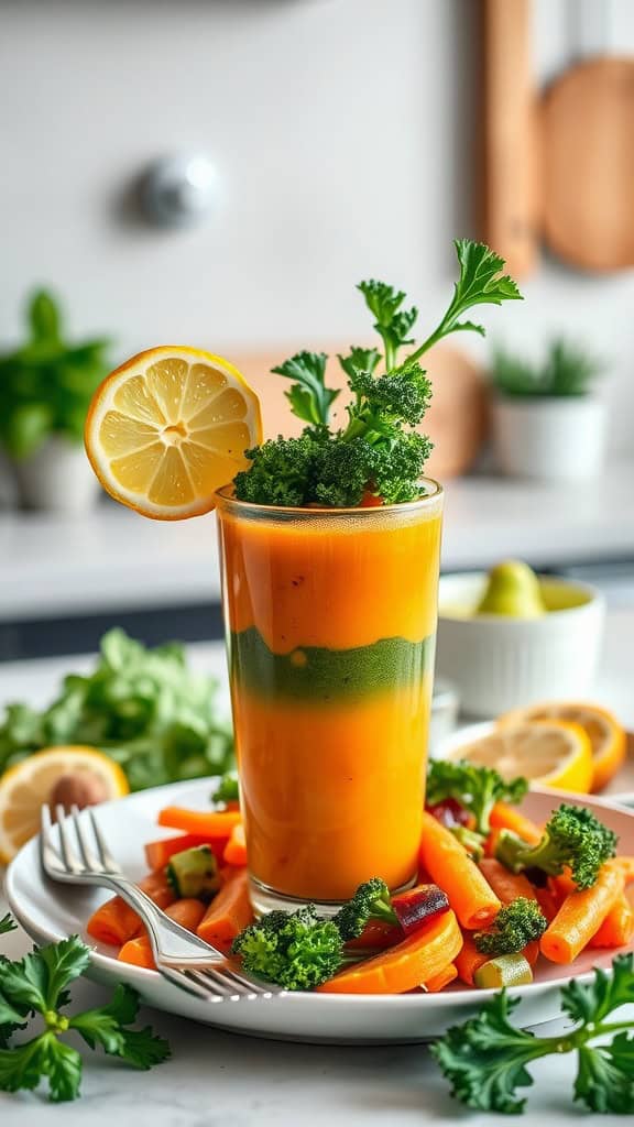 A vibrant Citrus Sunrise smoothie made with orange carrot, green kale, ginger, and lemon juice, garnished with lemon and greens.