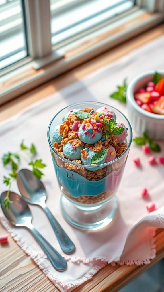 Classic baby gender reveal parfaits in blue or pink with granola and colorful sprinkles.