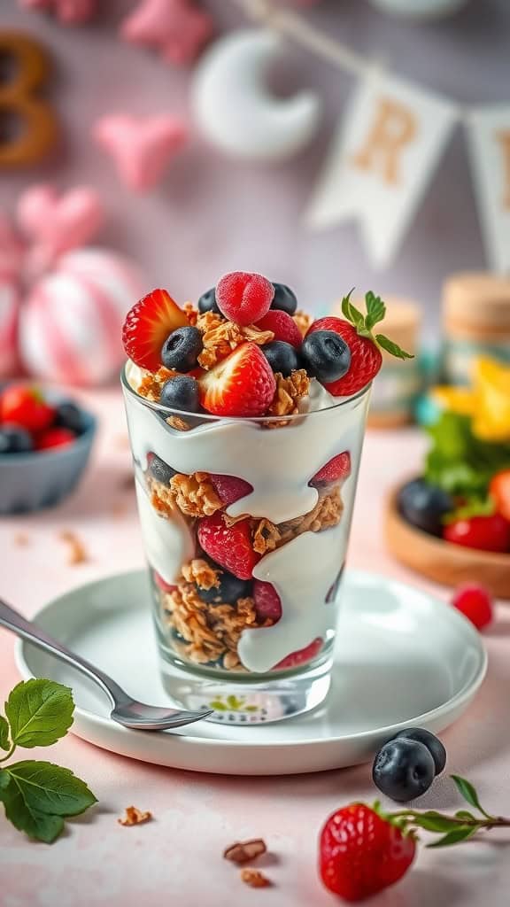Classic baby shower parfait with layers of yogurt, granola, and mixed berries