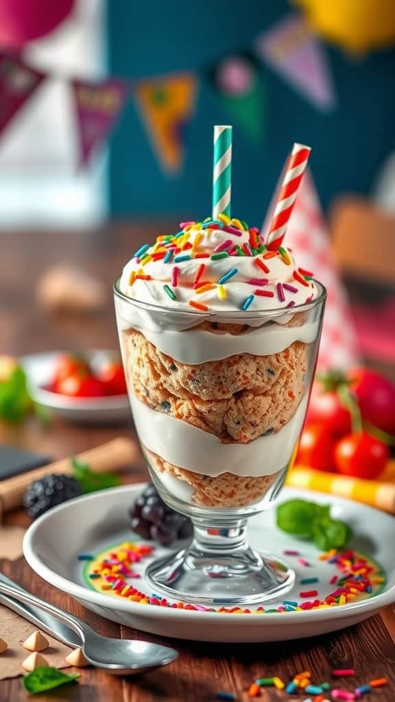A classic birthday cake parfait with layers of vanilla cake, whipped cream, and colorful sprinkles.