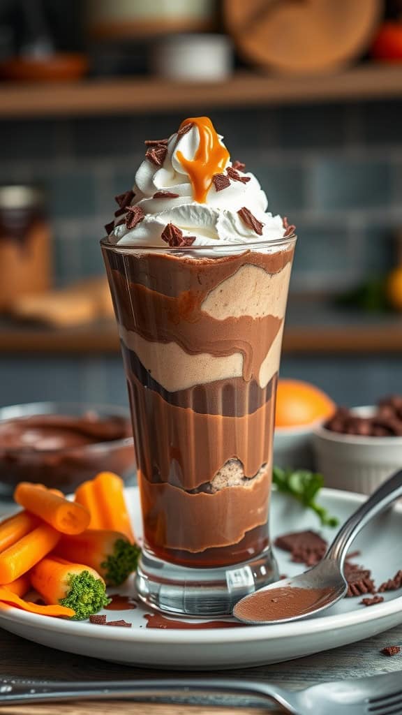 A delicious chocolate peanut butter parfait with layers of chocolate pudding, peanut butter mousse, and whipped cream, topped with chocolate crumbs.