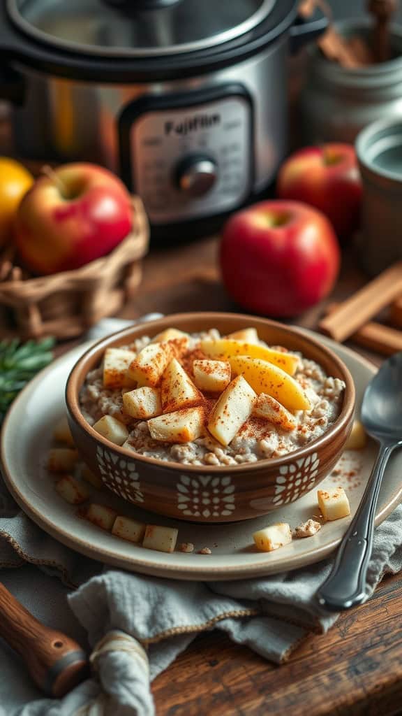 A bowl of classic cinnamon and apple overnight oats with diced apples and a sprinkle of cinnamon.