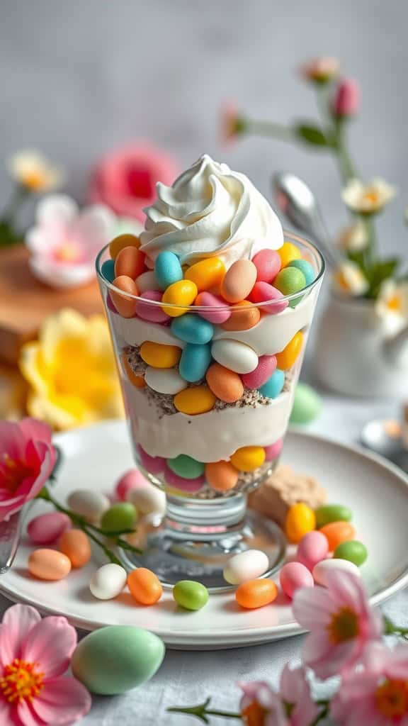 Colorful Easter parfait with layers of jelly beans, pudding, and whipped cream, garnished with flowers.