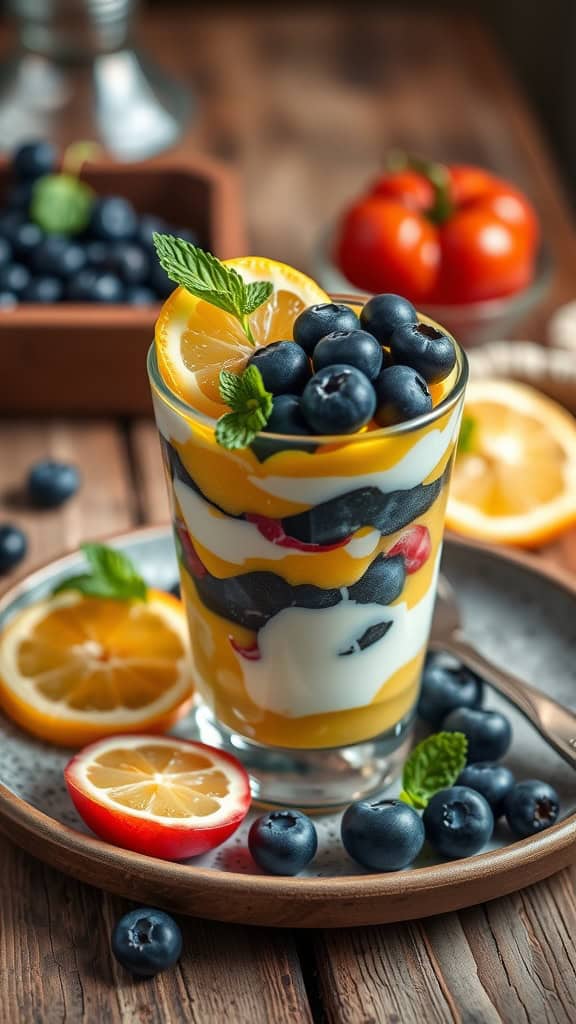 A layered lemon blueberry parfait with Greek yogurt and fresh berries.